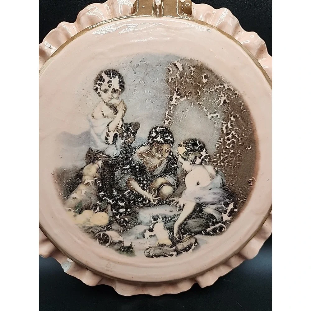 Set Of Two‎ Vintage Glazed Cermaic Hot Pads/ Wall Hangings W/ Victorian Scene